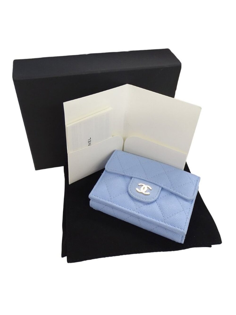 Chanel Wallet Trifold Caviar Leather Quilted Light Blue Gold Compact Mini - Picture 8 of 15